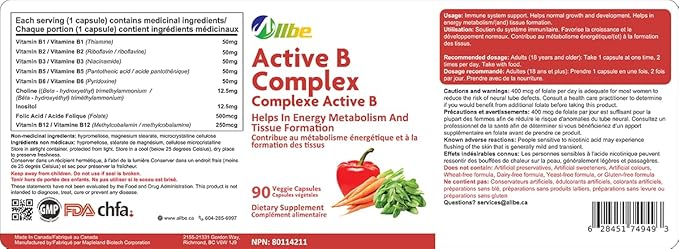 Active B Complex - Helps in Energy Metabolism &amp Tissue Formation - 180 Capsules 90 Count (Pack of 2)