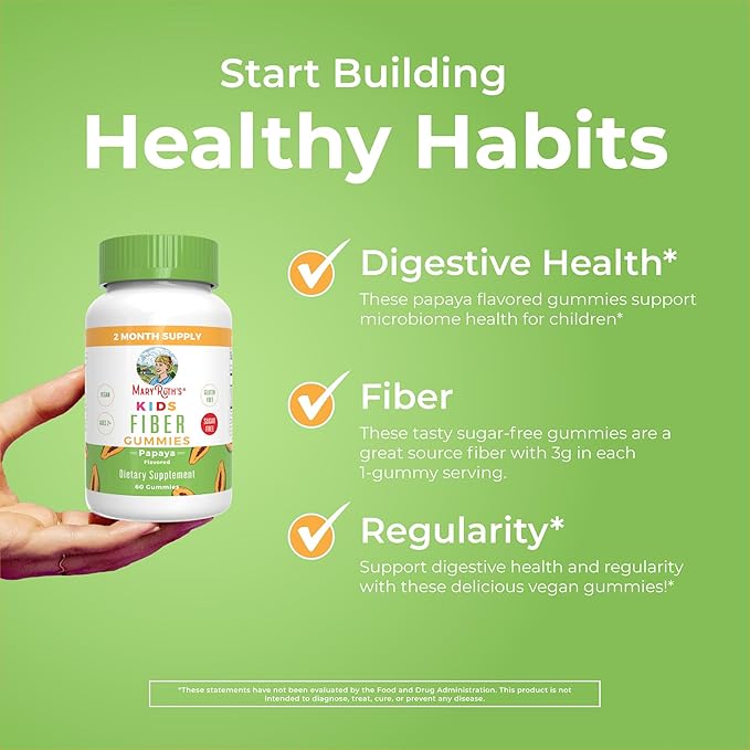 MaryRuth Organics Fiber Gummies for Kids | 2 Month Supply | Sugar Free | Soluble Fiber Supplement | Gut Health &amp Digestion Support | 3g Fiber per Gummy | Vegan | 60 Count