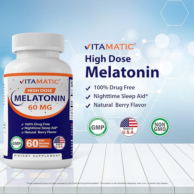 Vitamatic Melatonin 60mg with B6 Magnesium L-Theanine L-Tryptophan 5-HTP GABA Valerian Chamomile Passion Flower Ashwagandha &amp Black Pepper
