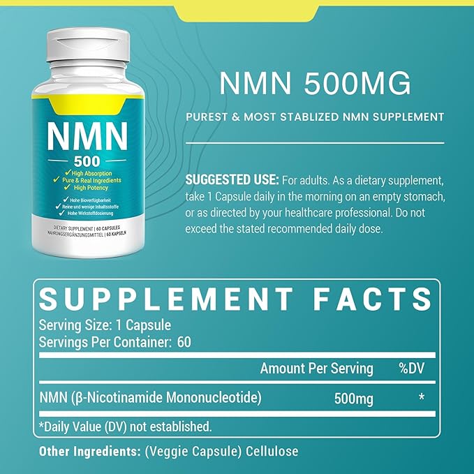 Vegan NMN Supplement 500mg Higher Absorption - 99% Pure NMN (Nicotinamide Mononucleotide)for NAD+ Cellular Energy Immune Muscle Anti-Aging &amp Longevity Stabilized NMN - 60 Capsules (60 Days Sup