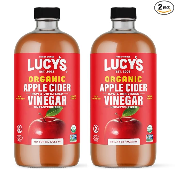 Lucy's Family Owned - 34oz. GLASS BOTTLE (2 PACK) Organic With the Mother Apple Cider Vinegar Unfiltered Unpasteurized Raw and NonGMO