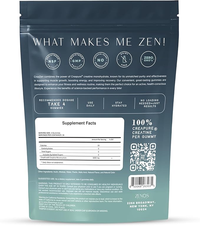 Zenos Health CreaZen - Creatine Monohydrate Gummies - Creatine Supplement for Muscle Growth Strength Recovery &amp ATP Boost Preworkout Supplements - Made in USA Mango Flavor - 120 Count