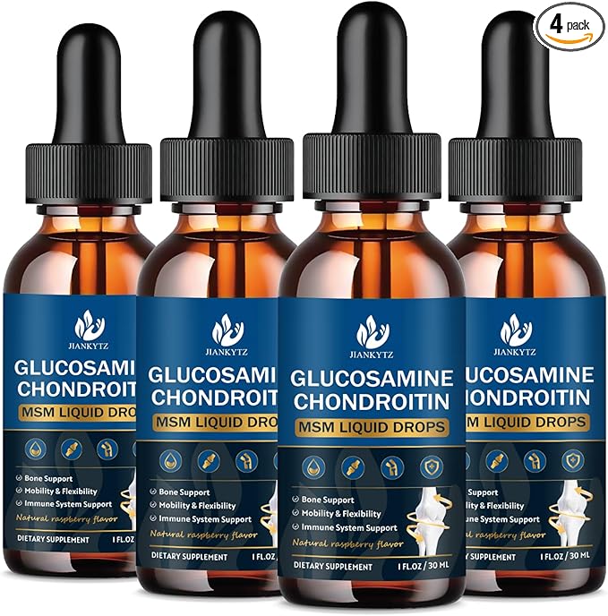 (4 Pack) Glucosamine Chondroitin MSM Liquid Drops High Absorption Antioxidant Immune Bone Support MSM Supplement for Men &amp Women Vegan Sugar-Free Raspberry Flavor 1 Fl Oz