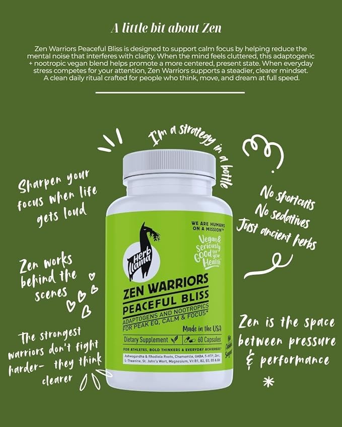 Zen Warriors Peaceful Bliss - Adaptogenic &amp Nootropic Daily Ritual with Ashwagandha Rhodiola GABA Magnesium L-Theanine | Calm Clarity &amp Focus | Vegan Non-GMO 60 Capsules