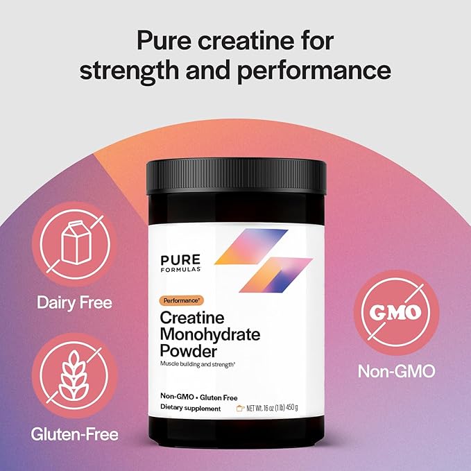 PureFormulas Creatine Monohydrate for Muscle Growth Creatine Monohydrate Powder 90 Servings 16 Oz (1 lb) 450 g Dairy-Free Gluten-Free Non-GMO Enhance Athletic Performance &amp Strength