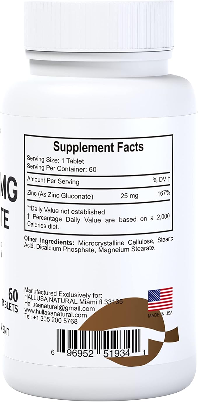 Hallusa Natural - Zinc 25 MG Gluconate - Immunity Defense Antioxidant Health Skin – 60 Tablets – 60 Day Supply