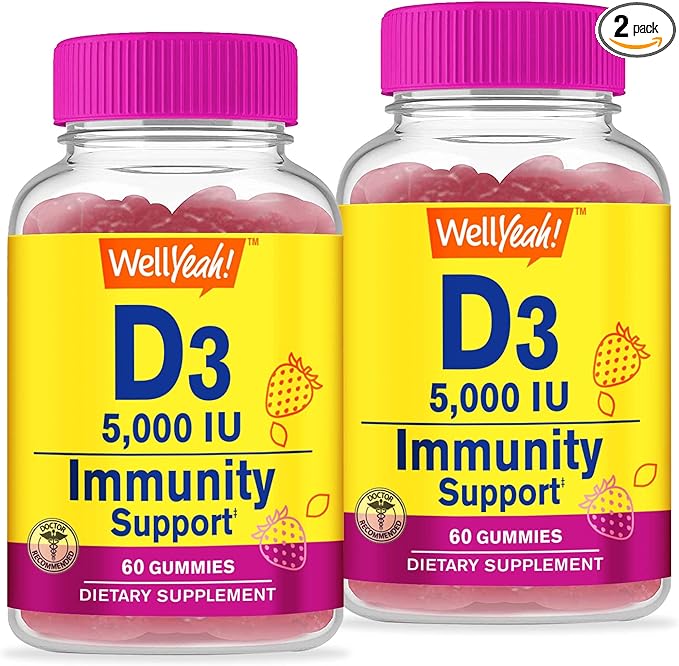WellYeah Vitamin D3 5000 IU (125 mcg) Extra Strenght Gummies 2 Pack-for Immune Booster Teeth Support - Non GMO Gluten Free Nut Free Vegan - Strawberry Flavor - 60 Gummies