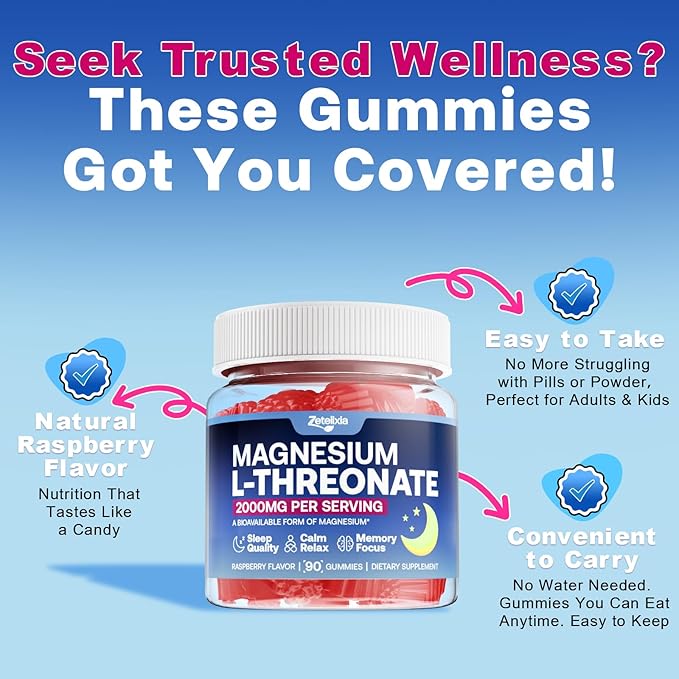 90 Count | Magnesium L-Threonate Gummies 2000mg Magnesium Threonate Supplement for Adults &amp Kids Support Cognition Restful Sleep &amp Muscle Health Sugar Free Vegan Non-GMO Raspberry Flavo