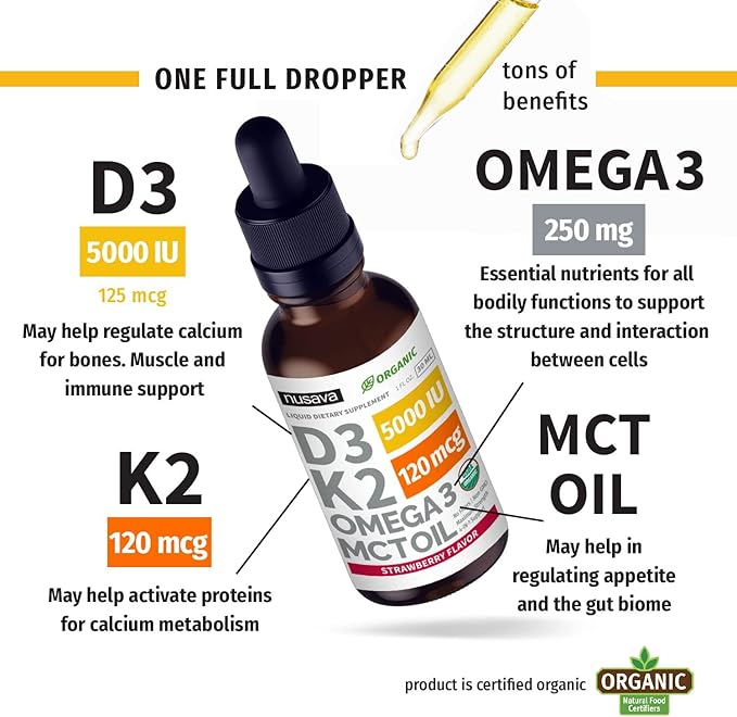 NUSAVA Unflavored Strawberry Flavored &amp Vanilla Flavored D3 K2 Liquid Drops Bundle - Potent Liquid Vitamins for Heart Joint Bone Muscle &amp Immune Support - Non-GMO Gluten-Free 2pk Each