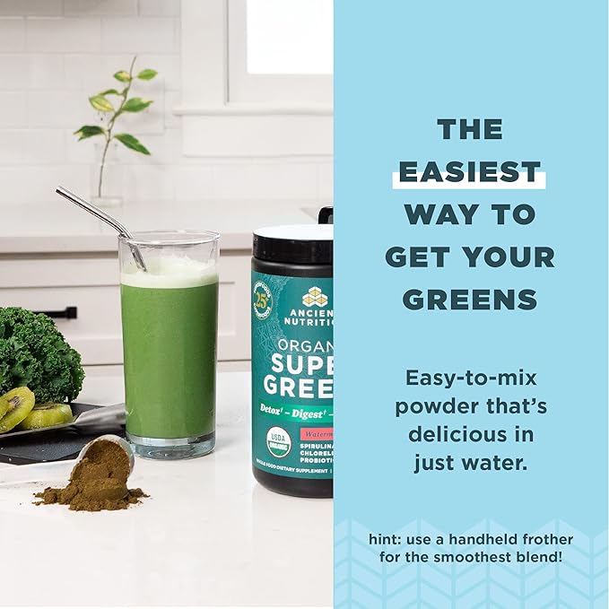 Ancient Nutrition SuperGreens Powder with Probiotics Organic Watermelon Flavor Greens Made from Real Fruits Vegetables and Herbs for Digestive and Energy Support 25 Servings 8.82oz