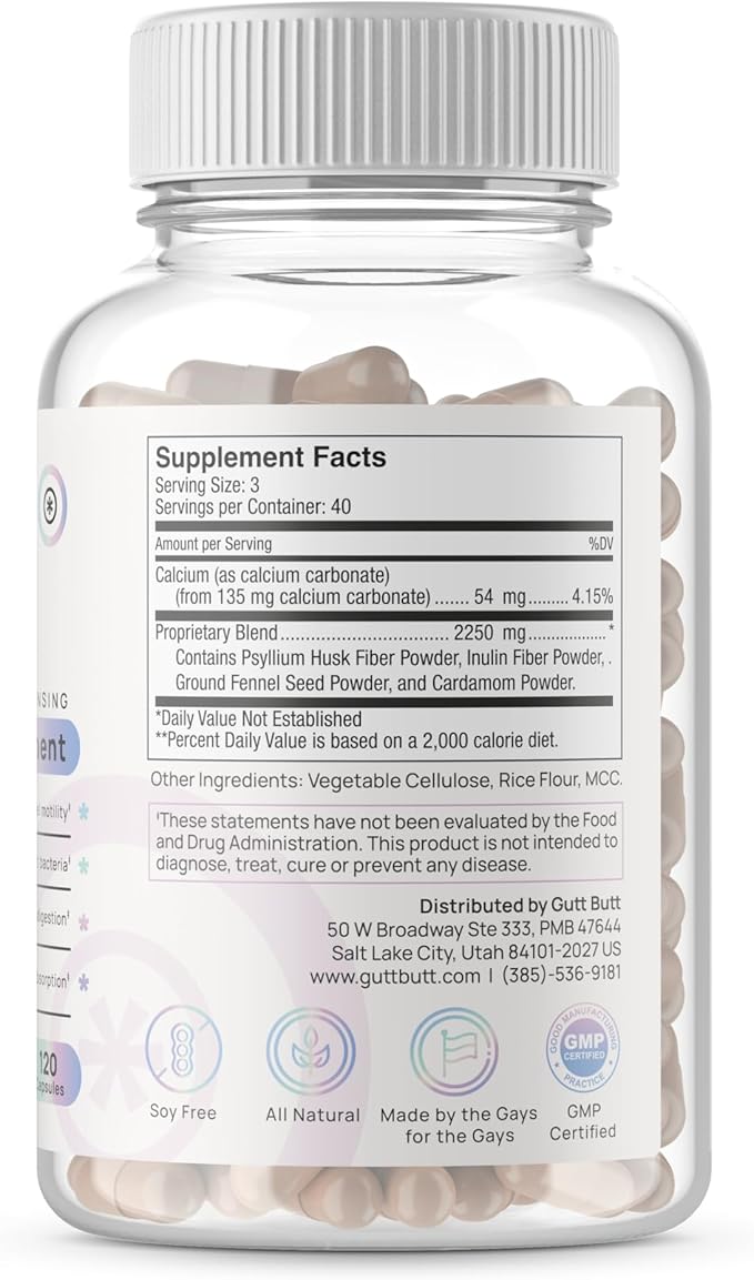 Vegan Cleanliness Fiber Supplement | Helps Promote Digestive Regularity | Psyllium Husk Inulin Cardamom Fennel Seed Calcium Carbonate | Proprietary Formula | 120 Vegan Capsules