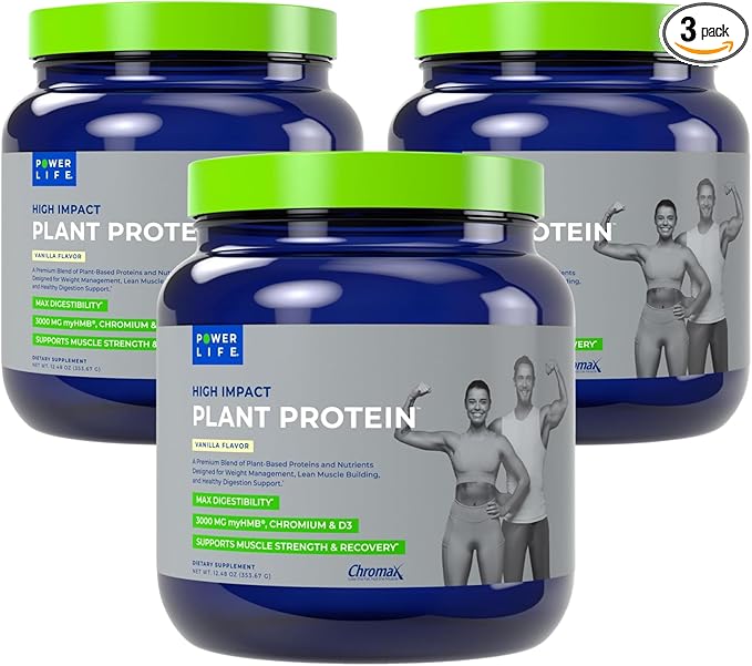 POWERLIFE High Impact Plant Protein Powder with 3000 MG of HMB Plant-Based No Sugar Added Vegan Keto Friendly Non-GMO (Vanilla - New Formula) - 3 Pack
