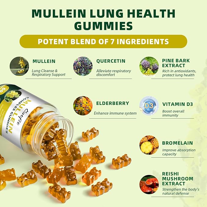 Catfit (120 pcs) Mullein Gummies for Lungs Detox &ampLymphatic DrainageMullein Leaf ExtractQuercetin&ampElderberry for Respiratory &amp Immune SupportVegan Pineapple Flavor (2 Pack)