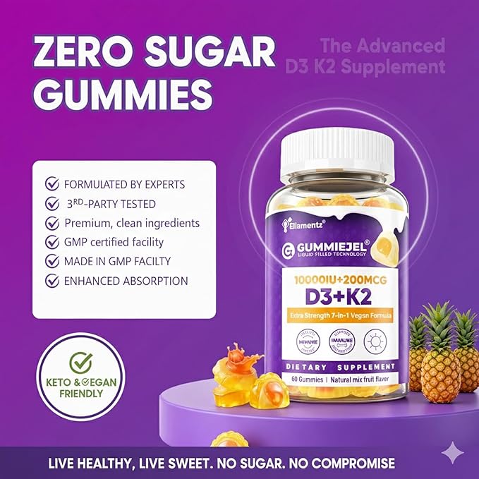 Vitamin D3 10000IU + K2 (MK-7) 200mcg Vitamin D3 K2 Magnesium Calcium Gummies with Coconut Oil Boron &amp Zinc Highly Absorbent Supports Bone Immune TeethSugar Free(Pineapple Flavor)