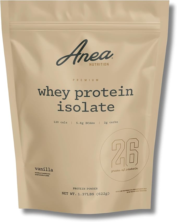Anea Whey Protein Isolate - Vanilla | 26g Protein | 5.8g BCAAs | Low Carb 2g Carbs| Complete Amino Acids | Gluten-Free Soy-Free | Lean Muscle &amp Recovery | Made in GMP Facility