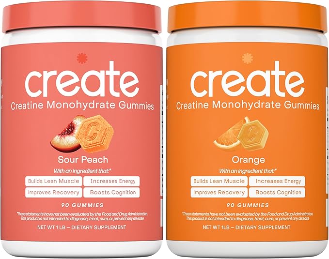Create Creatine Monohydrate Gummies - Peach Sunrise Duo - Sour Peach &amp Orange - Creatine Gummies for Women &amp Men NSF Certified 3rd Party Tested Anti-Melting Formula 180 Count (2-Pack)