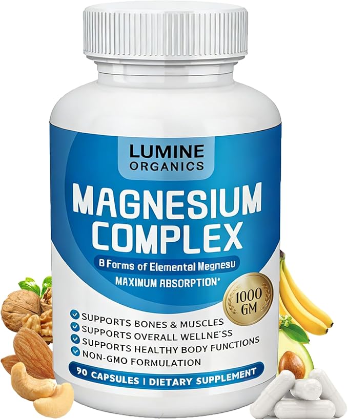 1PCSLumine Organics Magnesium Complex Magnesium Complex for Women Supplement 1000mg - Advanced 8-in-1 Magnesium Blend - GlycinateCitrateMalateTaurate90 Capsules (1)