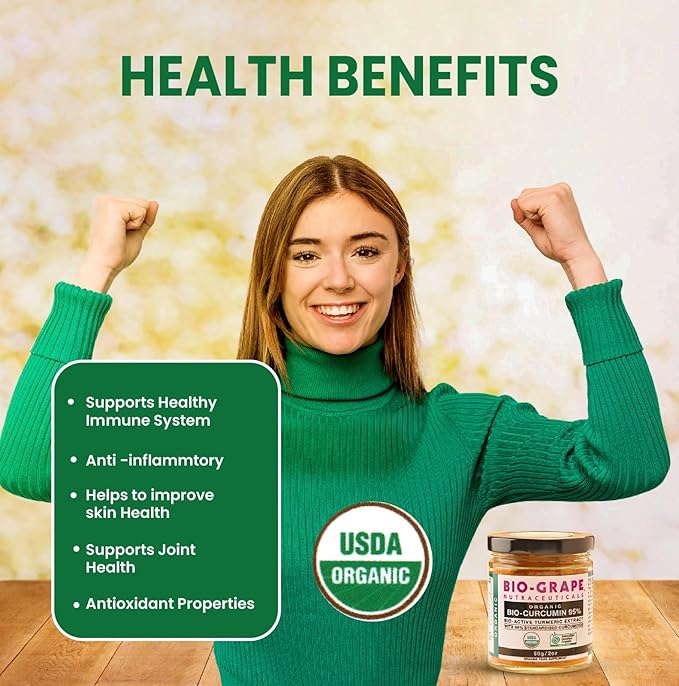 Turmeric Curcumin Extract 95% bio antioxidant USDA Organic Turmeric Powder 60g dose Curcumin Supplements for Joint Support and high Absorption to Boost Immune Support.