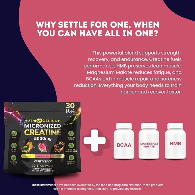 Nutri Genius Creatine Monohydrate 5g Stick Packs | BCAA 2:1:1 + HMB Pre &amp Post Workout Supplement | Muscle Energy Strength &amp Recovery | 30 Servings