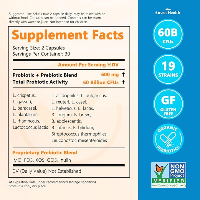 60 Billion Probiotics for Women and Men 19 Strains 5 Organic Prebiotics for Gut Digestive &amp Immune Health Supports Diarrhea Gas Bloating Vegan Probiotic Supplement Formula丨120 Caps