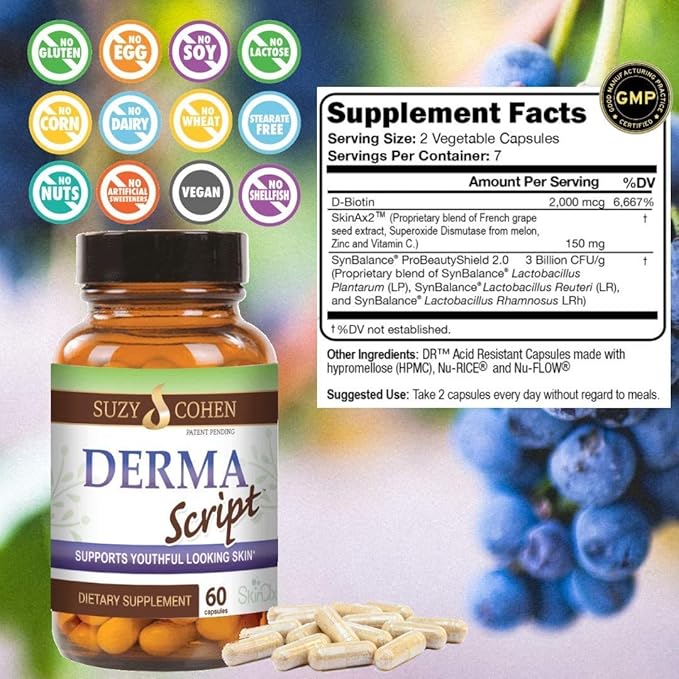 Script Essentials DermaScript Clear Skin Probiotic- Skin Care Routine Supplement - Biotin Face Supplemnt - Fights Acne Dryness Irritation and Rashes (60 Capsules)