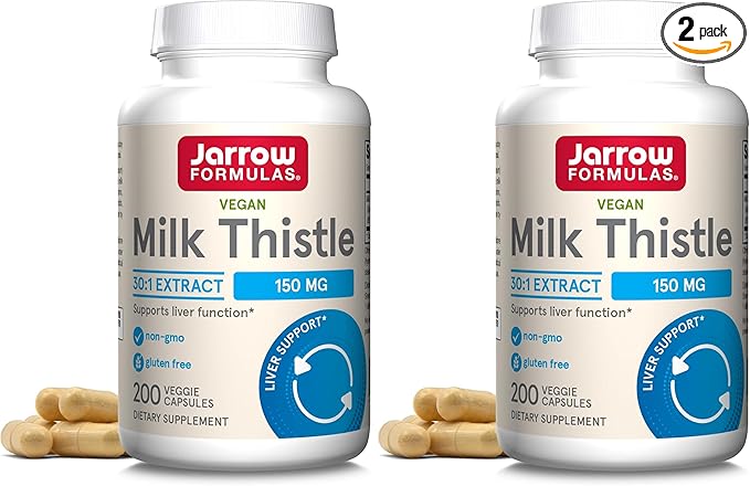 Jarrow Formulas Milk Thistle Supplement 150 mg 30:1 Milk Thistle Extract Standardized to 80% Total FlavonoidsDietary Supplement for Liver Function Support 200 Veggie Capsules for 200 Day(Pack of 2)