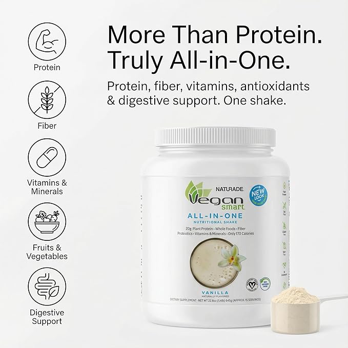 Vegansmart Naturade All-in-One Plant-Based Shake – Low Sugar Nutrition with Protein Fiber Vitamins &amp Minerals Supports Balanced Energy &amp Wellness Vanilla Vegan - 22.75 oz