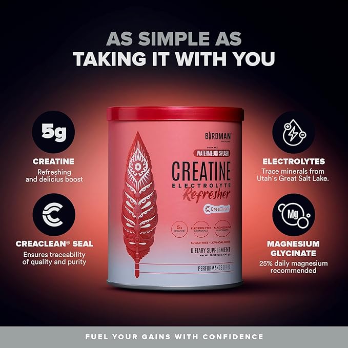 BIRDMAN Creatine Refresher | Creatine Monohydrate Powder with Electrolytes Magnesium Glycinate &amp Vitamins | Creaclean Seal | Sugar Free Low Calorie | Watermelon Splash | 30 Servings