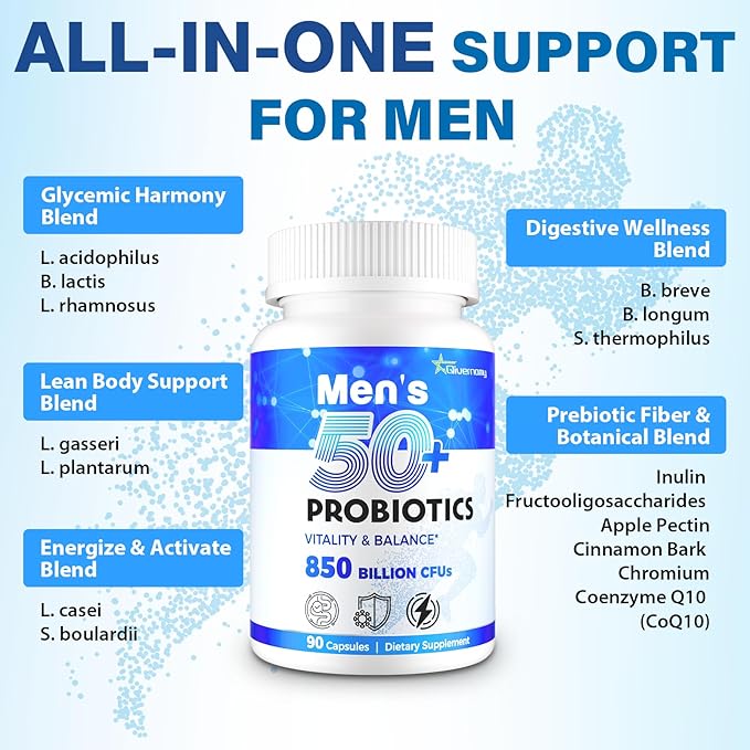 Probiotics for Men Advanced 50+ Mens Probiotic Comprehensive Gut &amp Energy Support with 850 Billion CFU 1800mg Prebiotics Fiber – Tailored Wellness Mens probiotics for Gut Health Over 50 360 Ca