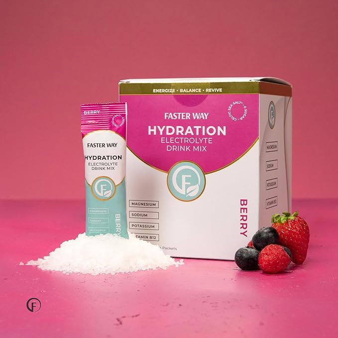 Faster Way - Hydration - Electrolyte Drink Mix - with Apple Cider Vinegar Choline Probiotics &amp Natural B Vitamins - Energize &amp Revive - Powder Packets - Zero Sugars - Gluten Free - Berry - 3