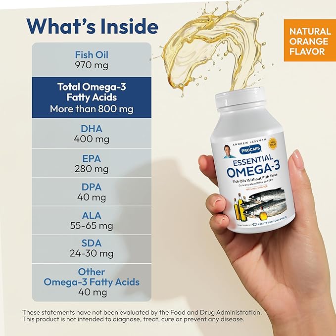 ANDREW LESSMAN Essential Omega-3 Orange - 60 Softgels - Ultra-Pure High Potency Omega-3 Oils. High DHA No Stomach Upset No Contaminants No Mercury. Small Easy to Swallow Softgels