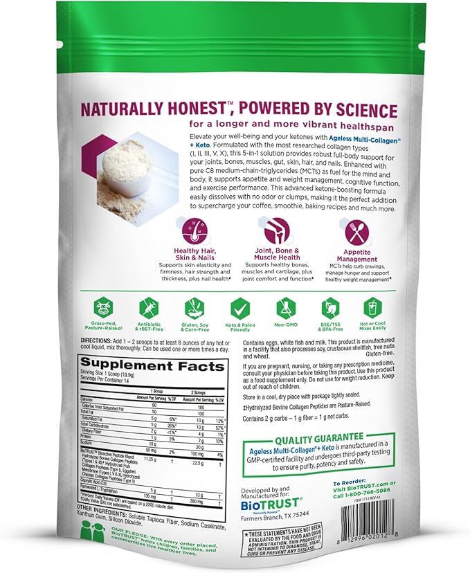 BioTrust Multi Collagen Protein Powder + Keto MCT Oil – 5 Types (I II III V X) &amp 100% Caprylic Acid C8 - Support Elevated Ketones Metabolism Joints &amp Beauty All in 1 Collagen Powder (Unf