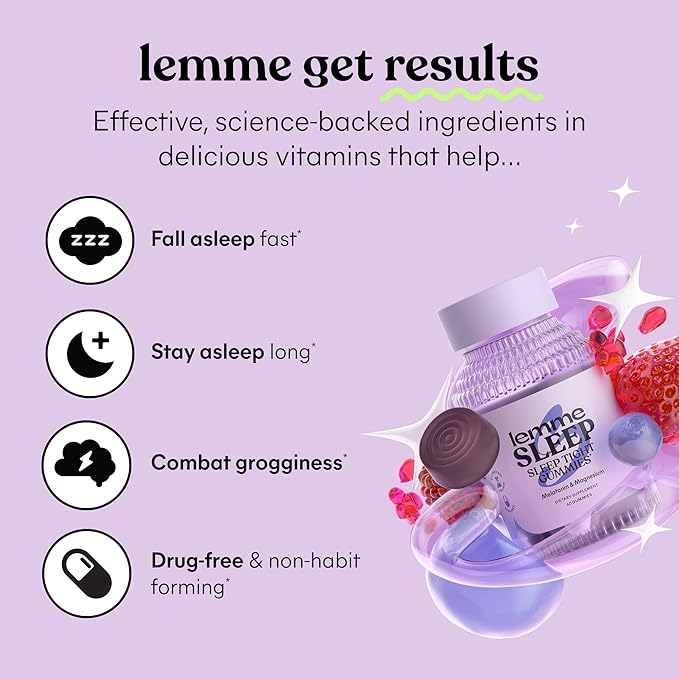 Lemme Sleep Gummies with 5mg Melatonin Elderberry Magnesium L-Theanine Chamomile and Lavender Drug-Free Nighttime Sleep Aid Gluten Free Gelatin Free Non GMO Berry Flavored (60 Count)