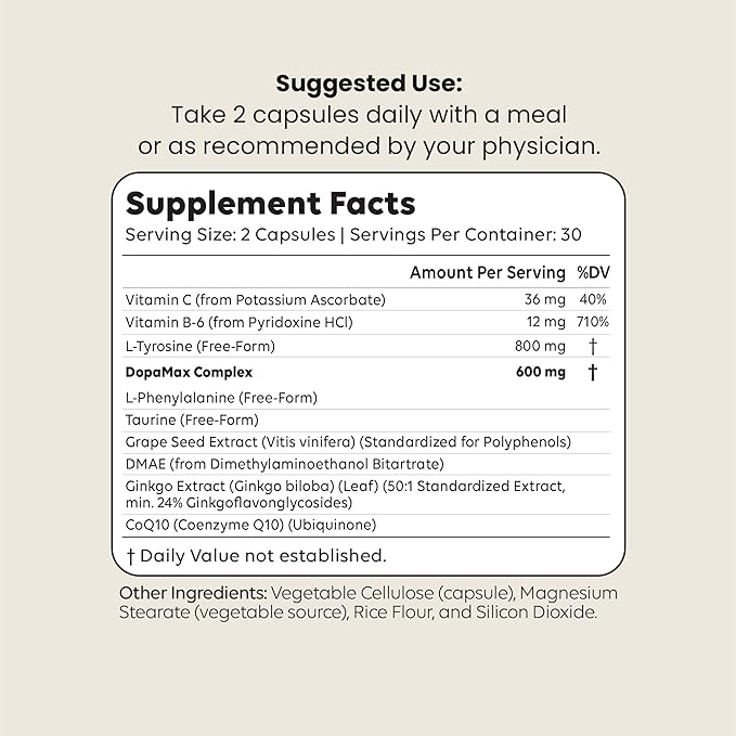 DopaMax Dopamine Support Supplement – Motivation Focus &amp Drive Capsules – Brain Food Formula with L-Dopa for Mood Balance &amp Cognitive Support – 60 Capsules