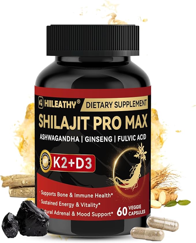 Shilajit for Men Women Shilajit w/Vitamin D3 K2 Shilajits for Men w/Fulvic Acid Ashwagandha Ginseng Root Shilajits for Extra Power Stamina Immune Support Non-GMO Made in US 60 Capsules