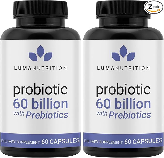 Luma Nutrition Probiotics 60 Billion CFU with Prebiotics - Probiotics for Women and Men - Formulated for Digestive Enzyme Health - Vegan &amp Gluten-Free - 60 Capsules (Pack of 2)