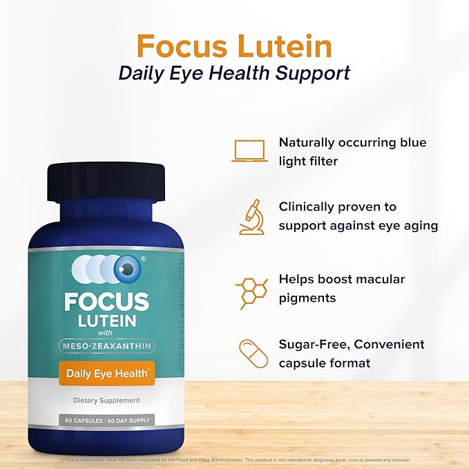 Focus Lutein for Eyes with Meso-Zeaxanthin Eye Vitamin Supplement 60 Count 60 Day Supply Daily Vision Support for Digital Screens Bright Lights Sunlight Vegan and Sugar-Free Made in USA