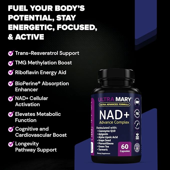 NAD+ Resveratrol Supplement – Longevity Formula with Nicotinamide Adenine Dinucleotide with CoQ10 Apigenin &amp Turmeric Anti-Ageing Formula for Men &amp Women – 60 Capsules