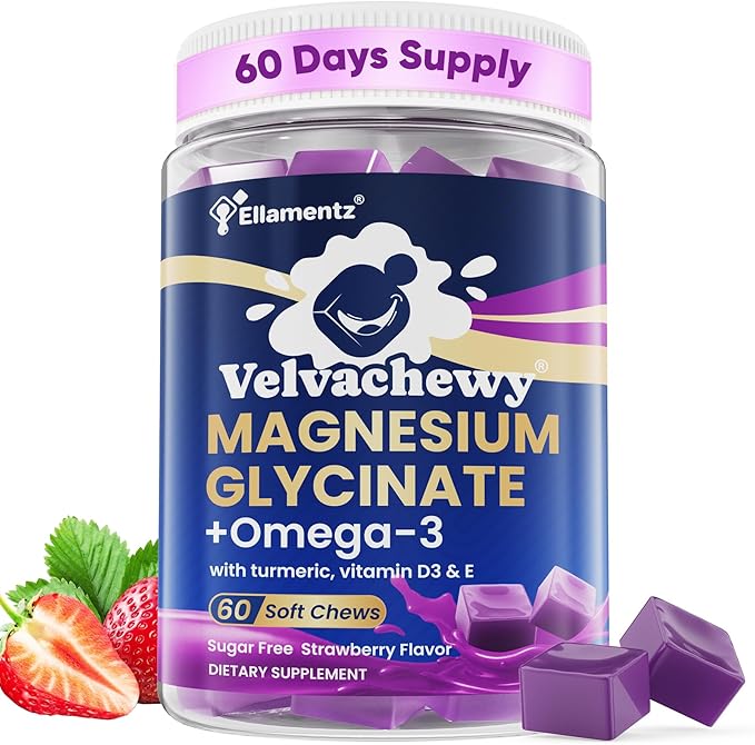 Magnesium Glycinate Gummies 500mg - Magnesium with Omega-3 Turmeric Vitamin D3 &amp E | Magnesium Glycinate Soft Chews for Adults | for Sleep Muscle &amp Brain | 60 Counts