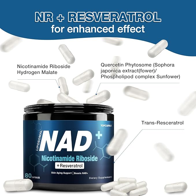 NAD+ Supplement 1000mg - Nicotinamide Riboside (NR) and Resveratrol Liposomal NAD of Pure Organic Ingredients for Women &amp Men Healthy Aging Brain and Cellular Energy 80 Capsules(2Pcs)