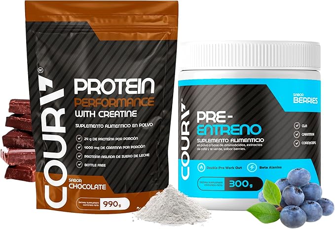 COURA Protein Performance Chocolate with Creatine 990g + Pre Workout Berries 300g Energy Boost - Gluten Free
