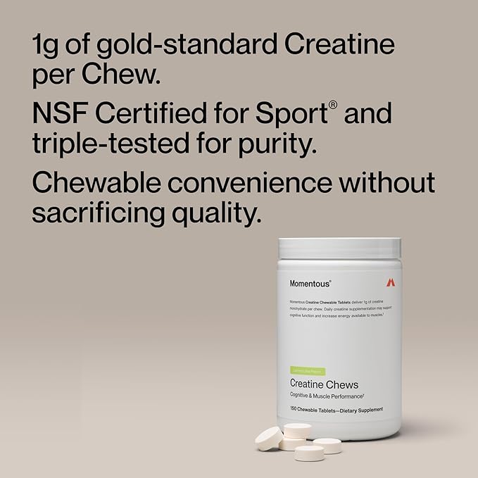Momentous Creatine Chews - Creatine Monohydrate - Supports Strength Lean Muscle &amp Recovery for Men &amp Women - NSF Certified for Sport - 150 Chewable Tablets - Lemon Lime