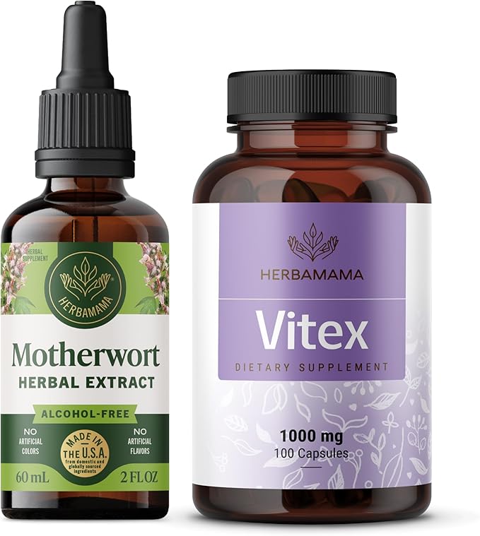 HERBAMAMA Motherwort Extract and Vitex Kit - Bundle of Motherwort Extract 2 Fl Oz &amp 1000mg Vitex Chaste Tree Berry Capsules - Vegan Non-GMO Gelatin &amp Alcohol-Free - 2 Pack
