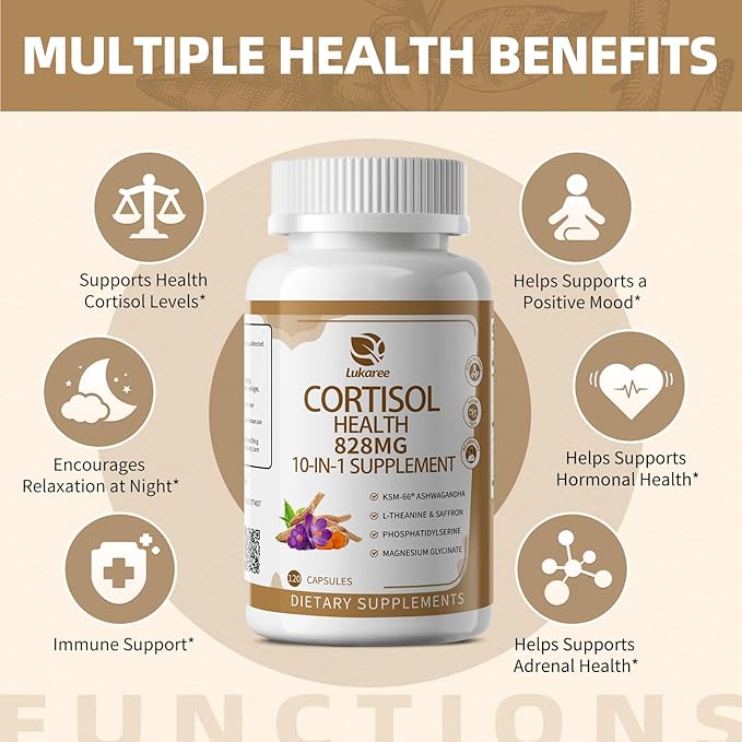 10-IN-1 Cortisol Supplements w/ KSM-66® Ashwagandha 300mg + L-Theanine 250mg Magnesium Glycinate Saffron Phosphatidylserine Turmeric &amp Vitamin C D3 B6 B5 For Women Men 120 Capsules 2 Pack