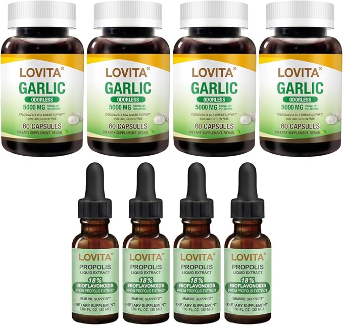 LOVITA 8-Piece Vitality Bundle - 4 Propolis Liquid &amp 4 Garlic Extract (5000mg) Allicin &amp Propolis Resin (8 Pc)