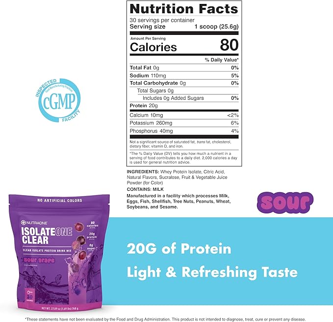 NutraOne Clear Whey Protein Powder Drink Mix Naturally &amp Artificially Flavored Clear Protein Drink 20g of Protein Zero Sugar (Sour Grape - 30 Servings)