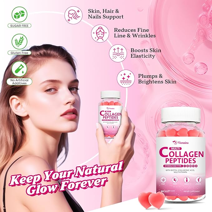 Collagen Peptides Gummies Collagen Gummies for Women &amp Men Type IIIIIIVX Protein with Biotin Hyaluronic Acid Vitamin C for Healthy Skin | Strawberry Flavored Sugar Free 120 Cts