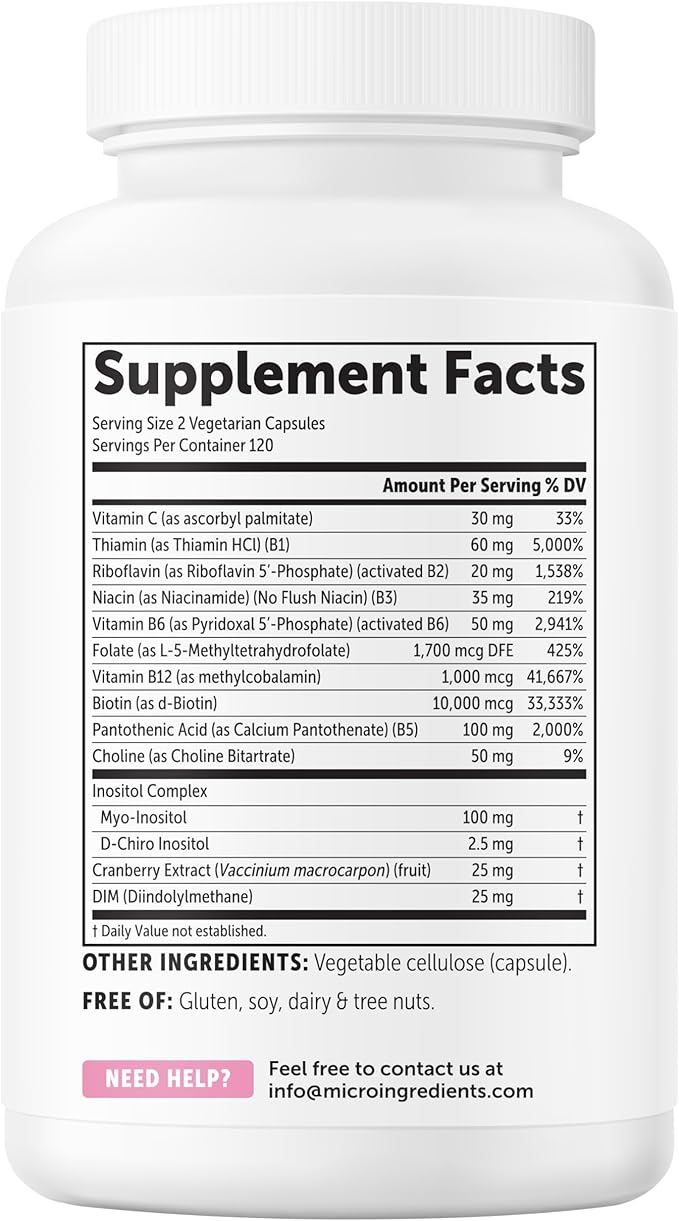 Micro Ingredients Methylated B Complex for Women 240 Vegetarian Capsules | Activated B Vitamins with Methylfolate Methyl B12 DIM &amp Inositol Complex | 14-in-1 Bioactive B Vitamin Formula