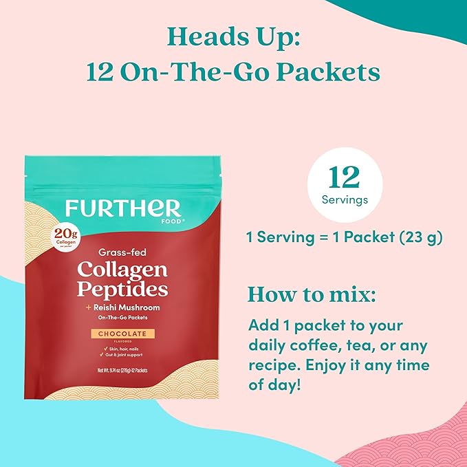 Further Food Chocolate Collagen Peptides Powder with Reishi Mushroom - 100% Grass-Fed Hydrolyzed Type 1 &amp 3 20g of Collagen per Serving Supports Skin Hair Nails &amp Joints Stick Packs 9.7