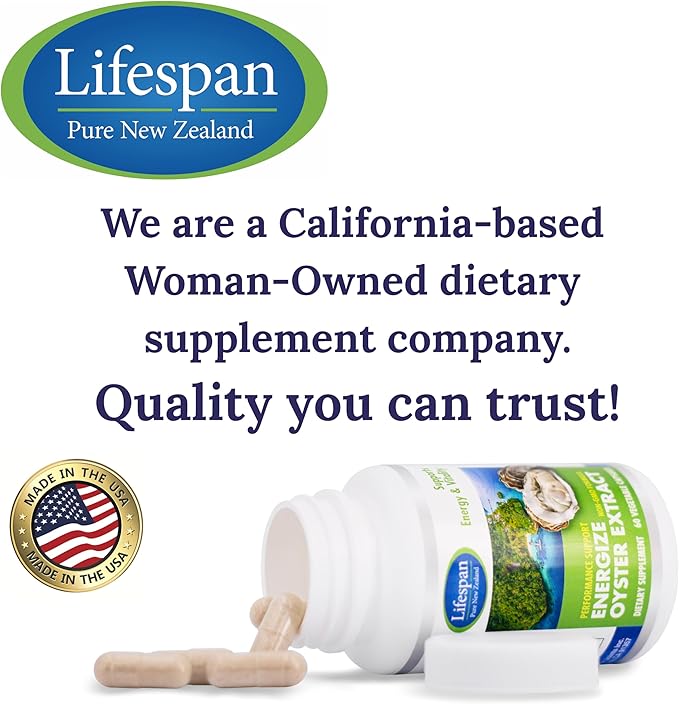 Energize Oyster Extract Highly Concentrated Supplement for Men &amp Women - Zinc Taurine Amino Acid Supports Wellbeing and Energy - 500mg 60 Veg Capsules by Lifespan